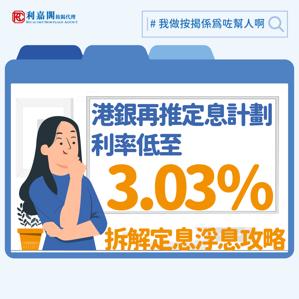 定息按揭 | 港銀再推定息計劃 利率低至3.03% 一文拆解定息/浮息攻略 3 息口變化影響一眾樓市準買家承造按揭的入市門檻、每月供款壓力和全期總利息支出,有銀行昨日(12日)推出三年和五年罰息期的定息按揭計劃,利率分別為首三年3.18厘和首五年3.03厘,低於目前實際按息3.5厘,料可迎合部分置業人士的需要,透過鎖定利率減低每月開支的不確定性。